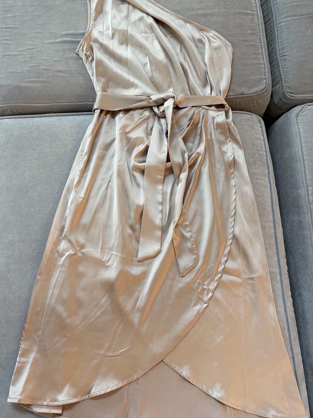 Cupshe One-Shoulder Satin Wrap Dress in Champagne Beige